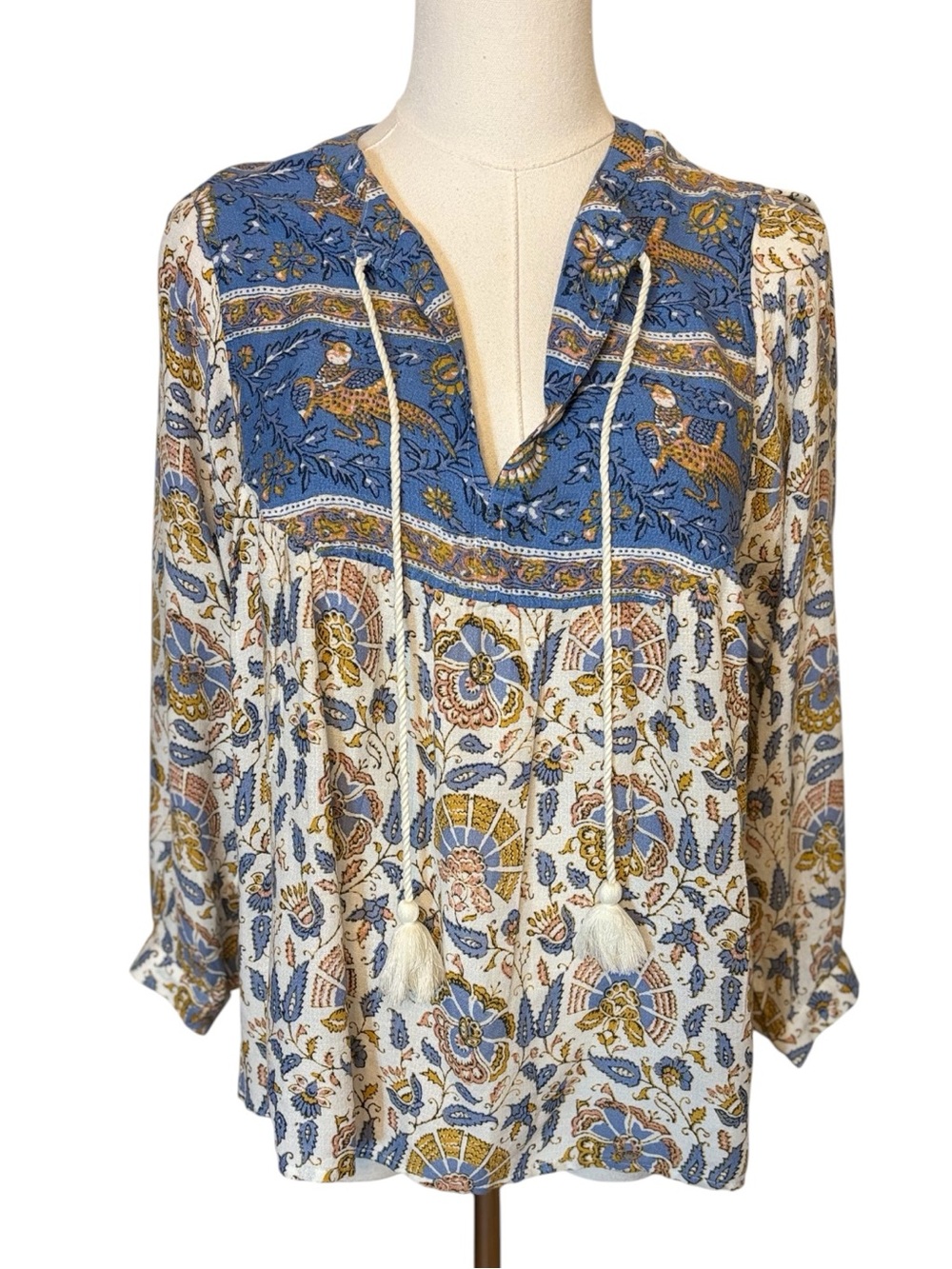 Lucky Blue & Tan Boho Hippie Peasant Blouse Top Size Small
